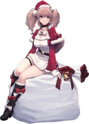 Rule 34 | 1girl, atlanta (kancolle), bell, boots, breasts, brown hair, christmas, cowboy shot, earrings, fur trim, grey eyes, hat, jewelry, kantai collection, knee boots, large breasts, long hair, long sleeves, looking at viewer, official art, santa costume, santa hat, shizuma yoshinori, sitting, sitting on object, solo, star (symbol), star earrings, two side up