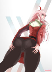 Rule 34 | 1girl, ass, ass support, breasts, cameltoe, darling in the franxx, from behind, from below, green eyes, grin, hairband, highres, horns, long hair, looking at viewer, looking back, medium breasts, military, military uniform, pants, pantylines, pink hair, sideboob, smile, solo, standing, uniform, zedeki, zero two (darling in the franxx)