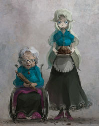 Rule 34 | 2girls, aged down, apron, blanket, blue eyes, cookie, cookie clicker, dual persona, eyelashes, eyewear strap, food, gem, glasses, grandma (cookie clicker), green hair, grey hair, high heels, highres, jewelry, lipstick, long hair, long skirt, looking at viewer, makeup, multiple girls, necklace, old, old woman, plate, pompa, rolling pin, sakamoto (pompa), semi-rimless eyewear, skirt, slippers, smile, under-rim eyewear, waist apron, wheelchair, wrinkled skin