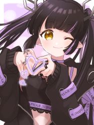 Rule 34 | 1girl, black hair, black shirt, blunt bangs, blush, breasts, closed mouth, commentary request, crop top, cross-laced clothes, cross-laced sleeves, demon girl, demon horns, heart, heart hands, heart print, highres, horns, jacket, jewelry, kino haruc, kojo anna, kojo anna (1st costume), long hair, long sleeves, looking at viewer, medium breasts, multicolored hair, nanashi inc., one eye closed, pointy ears, print shirt, purple hair, ring, russian text, shirt, sleeveless, sleeveless shirt, smile, solo, sugar lyric, textless version, twintails, two-tone hair, upper body, virtual youtuber, yellow eyes