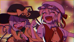 Rule 34 | 2girls, :d, ascot, black headwear, blonde hair, blurry, blurry background, bow, chromatic aberration, closed eyes, fangs, flandre scarlet, hat, hat bow, highres, komeiji koishi, long sleeves, mob cap, multiple girls, one side up, open mouth, smile, third eye, touhou, upper body, vuluhappy, white headwear, yellow ascot, yellow bow