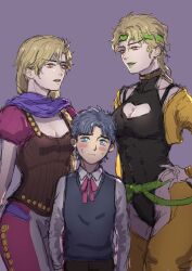 Rule 34 | 1boy, 2girls, absurdres, age difference, aged down, black leotard, blonde hair, blue eyes, blue hair, blue vest, blush, bracelet, braid, breasts, cleavage, cleavage cutout, closed mouth, clothing cutout, collar, dio brando, dual persona, earrings, genderswap, genderswap (mtf), green headband, green lips, headband, heart, heart cutout, height difference, hetero, highres, jacket, jewelry, jojo no kimyou na bouken, jonathan joestar, large breasts, leotard, long hair, looking at another, multiple girls, onee-shota, open mouth, pants, phantom blood, purple background, red eyes, scarf, shirt, short hair, simple background, size difference, smile, spitonmyart, standing, stardust crusaders, sweat, thighs, vampire, vest, white shirt, yellow jacket, yellow pants