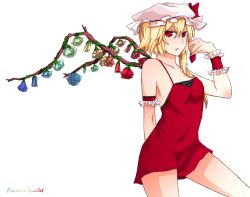 Rule 34 | 1girl, aged up, arm behind back, armband, bare shoulders, blonde hair, blue flower, blue rose, character name, collarbone, dress, embodiment of scarlet devil, female focus, flandre scarlet, flat chest, flower, hat, hat ribbon, hyou haku, red dress, red eyes, red flower, red rose, red skirt, ribbon, rose, short dress, short hair, simple background, skirt, solo, spaghetti strap, thorns, touhou, wings, wrist cuffs