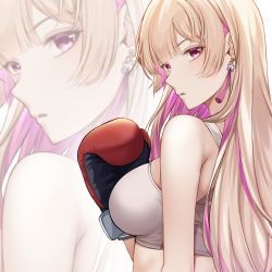 Rule 34 | 1girl, bare shoulders, blonde hair, blunt bangs, boxing gloves, breasts, commentary, commission, earrings, english commentary, highres, jewelry, large breasts, long hair, looking at viewer, makurano neena, multicolored hair, parted lips, pink eyes, pink hair, production kawaii, rakugakki, second-party source, solo, sports bra, streaked hair, tassel, tassel earrings, two-tone hair, upper body, virtual youtuber, zoom layer