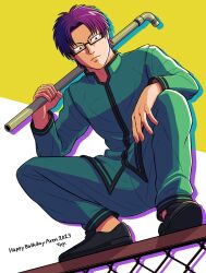 Rule 34 | 1boy, black footwear, character name, dated, exp (limited), frown, glasses, green pants, green shirt, happy birthday, highres, holding, holding weapon, kuboyasu aren, lead pipe, looking at viewer, male focus, on fence, pants, purple hair, saiki kusuo no psi nan, school uniform, shirt, solo, squatting, weapon