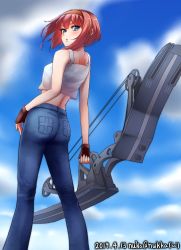 Rule 34 | 1girl, alternate costume, arched back, ark royal (kancolle), artist name, ass, blue eyes, blue sky, blush, bow (weapon), breasts, brown gloves, casual, closed mouth, commentary request, dated, day, denim, feet out of frame, fingerless gloves, from behind, gloves, hairband, highres, holding, holding bow (weapon), holding weapon, jeans, kantai collection, looking at viewer, looking back, nuka (nvkka), one-hour drawing challenge, orange hairband, outdoors, pants, red hair, short hair, sky, small breasts, solo, standing, tank top, weapon