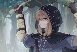 Rule 34 | 1boy, armor, bansookoo., bishounen, black cape, blonde hair, blue eyes, blue shirt, brown gloves, cape, closed mouth, commentary request, eyelashes, fingerless gloves, fingernails, forest, gloves, greaves, highres, holding, holding leaf, hood, hood up, hooded cape, leaf, light frown, link, looking ahead, male focus, nature, nintendo, outdoors, oversized object, rain, shirt, short hair with long locks, short sleeves, signature, single strap, solo, the legend of zelda, the legend of zelda: breath of the wild, upper body, wet, white arm warmers, white trim