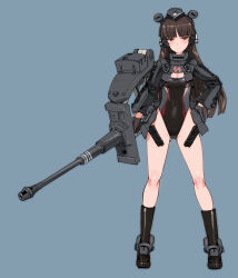 Rule 34 | arm cannon, blunt bangs, blurry, blurry background, breasts, brown eyes, brown hair, cannon, cleavage, cleavage cutout, clothing cutout, exoskeleton, garrison cap, girls und panzer, hat, leotard, long hair, mecha musume, navel, nishizumi shiho, shimada fumikane, simple background, small breasts, weapon