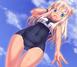 Rule 34 | 10s, 1girl, :d, \||/, adjusting hair, bad id, bad pixiv id, blonde hair, blue eyes, blue sky, cloud, covered navel, crop top, day, dutch angle, flower, from below, hair flower, hair ornament, tucking hair, hibiscus, kantai collection, knees together feet apart, long hair, looking at viewer, one-piece swimsuit, open \m/, open mouth, ro-500 (kancolle), sailor collar, school swimsuit, sky, smile, swimsuit, swimsuit under clothes, thigh gap, wristband, yukimura tsubame