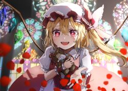 1girl blonde_hair blush collared_shirt crystal fangs flandre_scarlet frilled_sleeves frills hair_between_eyes hat holding holding_stuffed_toy long_hair looking_at_viewer mob_cap one_side_up open_mouth petals pointy_ears puffy_short_sleeves puffy_sleeves red_eyes red_skirt red_vest shironeko_yuuki shirt short_sleeves skirt smile solo stained_glass stuffed_animal stuffed_toy teddy_bear touhou upper_body vest white_hat white_shirt wings