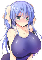 Rule 34 | 1girl, :o, arched back, bare arms, bare shoulders, blue hair, blue one-piece swimsuit, blush, breasts, collarbone, covered erect nipples, green eyes, hair ribbon, heavy breathing, large breasts, leaning forward, long hair, looking at viewer, nose blush, one-piece swimsuit, original, parted lips, ribbon, sanshoku amido, solo, sweat, swimsuit, two side up, upper body, white background, yellow ribbon