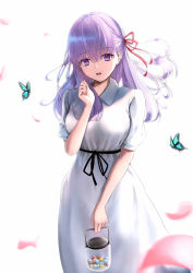 Rule 34 | 1girl, absurdres, aomaru (shta-chu-jisuiai), blush, breasts, bug, butterfly, dress, fate/stay night, fate (series), hair ribbon, highres, insect, jar, large breasts, long hair, looking at viewer, matou sakura, official alternate costume, open mouth, petals, purple eyes, purple hair, red ribbon, ribbon, short sleeves, simple background, solo, white background, white dress