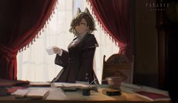 Rule 34 | 1girl, absurdres, animal ears, arknights, ascot, black coat, book, breasts, brown hair, chair, character name, coat, cup, desk, extra ears, hair between eyes, hand up, highres, holding, holding cup, indoors, long sleeves, looking back, open book, penance (arknights), red curtains, shijiubashuazi, short hair, small breasts, solo, white ascot, window, wolf ears, wolf girl, yellow eyes