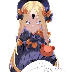 Rule 34 | 1girl, abigail williams (fate), black bow, black dress, black hat, blonde hair, blue eyes, blush, bow, breasts, dress, fate/grand order, fate (series), forehead, hair bow, hat, highres, keyhole, long hair, long sleeves, looking at viewer, multiple hair bows, orange bow, parted bangs, polka dot, polka dot bow, ribbed dress, sleeves past fingers, sleeves past wrists, small breasts, spider apple, stuffed animal, stuffed toy, teddy bear