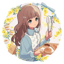 Rule 34 | 1girl, arisa (aren), artist name, blue bow, blue dress, blue eyes, blush, border, bow, brown hair, buttons, c:, closed mouth, collared dress, croissant, doughnut, dress, floral print, floral print dress, flower, food, hair ornament, hand up, highres, holding, holding tongs, holding tray, jar, long hair, long sleeves, looking at viewer, original, plant, print dress, round image, signature, smile, solo, spoon, tongs, tray, upper body, white border, white dress, yellow flower