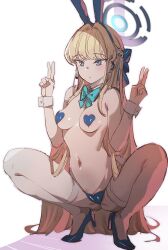 Rule 34 | 1girl, animal ears, blonde hair, blue archive, blue bow, blue bowtie, blue eyes, blue footwear, bow, bow (bhp), bowtie, breasts, closed mouth, double v, fake animal ears, full body, halo, heart pasties, high heels, long hair, medium breasts, meme attire, navel, pasties, rabbit ears, reverse bunnysuit, reverse outfit, simple background, solo, squatting, thighhighs, toki (blue archive), toki (bunny) (blue archive), v, very long hair, white background, white thighhighs, wrist cuffs