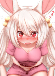 Rule 34 | 1girl, animal ears, blush, breasts, cleavage, collarbone, covered erect nipples, crying, hair bobbles, hair ornament, hands on stomach, highres, horokusa (korai), long hair, looking at viewer, medium breasts, open mouth, pink shirt, rabbit ears, red eyes, shirt, sitting, solo, thick eyebrows, very long hair, wariza, white hair