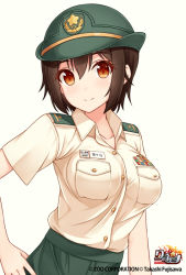 Rule 34 | 1girl, breasts, brown eyes, brown hair, collarbone, collared shirt, female service cap, green hat, green skirt, hand on own hip, hat, large breasts, long hair, looking at viewer, original, shirt, shirt tucked in, short hair, shuuichi, skirt, smile, solo, upper body