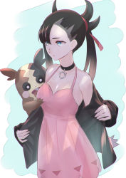 Rule 34 | 1girl, :d, absurdres, asymmetrical bangs, bare shoulders, black choker, black hair, black jacket, blue background, blue eyes, breasts, choker, cleavage, closed mouth, commentary, creatures (company), crimson (cxrss377), dress, drooling, expressionless, game freak, gen 8 pokemon, grabbing, grabbing another&#039;s breast, hair ribbon, highres, jacket, long hair, long sleeves, looking at breasts, looking down, looking to the side, marnie (pokemon), morpeko, morpeko (full), mouth drool, nintendo, open clothes, open jacket, open mouth, pink dress, pokemon, pokemon (creature), pokemon swsh, red ribbon, ribbon, sleeveless, sleeveless dress, small breasts, smile, standing, teeth, twintails, two-tone background, undercut, undressing, upper teeth only, white background