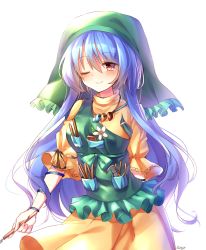 Rule 34 | 1girl, absurdres, apron, arm behind back, arm ribbon, armlet, bad id, bad pixiv id, blue hair, blush, bracelet, caliper, cowboy shot, dress, flower, green hood, hair between eyes, haniyasushin keiki, highres, holding, hood, jewelry, long hair, magatama, magatama necklace, necklace, one eye closed, pudding (skymint 028), ribbon, simple background, sleeves past elbows, smile, solo, standing, tools, touhou, very long hair, white background, yellow dress
