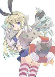 Rule 34 | &gt; &lt;, 10s, 1girl, :3, blonde hair, blue eyes, blush, closed eyes, elbow gloves, gloves, hairband, kantai collection, lifebuoy, long hair, open mouth, personification, rensouhou-chan, shimakaze (kancolle), simple background, skirt, striped clothes, striped thighhighs, swim ring, thighhighs, transpot nonoko, white background, white gloves