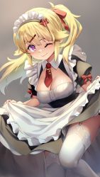 Rule 34 | 1girl, apron, black dress, black hairband, blonde hair, breasts, cleavage, cleavage cutout, clothing cutout, dress, garter straps, hair ornament, hair ribbon, hairband, hairpin, highres, knees up, long hair, looking at viewer, maid, maid apron, maid headdress, medium breasts, mitake eil, necktie, one eye closed, original, ponytail, puffy short sleeves, puffy sleeves, purple eyes, red necktie, red ribbon, ribbon, short sleeves, skirt hold, smile, solo, thighhighs, thighs, white thighhighs