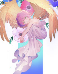 Rule 34 | 1girl, angel, angel wings, bare arms, bare shoulders, closed mouth, commentary request, dress, fetal position, flower, flying, full body, green eyes, harpy (puyopuyo), interlocked fingers, long dress, looking at viewer, madara (mbl cod), madou monogatari, own hands together, pink hair, puyopuyo, short hair, simple background, solo, white dress, wings, yellow wings