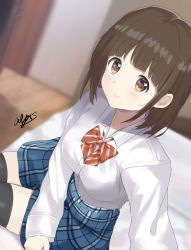 Rule 34 | 1girl, 7 calpis 7, bed, black thighhighs, blue skirt, blurry, blurry background, bow, breasts, brown eyes, brown hair, collared shirt, commentary request, depth of field, diagonal stripes, dress shirt, highres, indoors, long sleeves, medium breasts, on bed, original, plaid, plaid skirt, red bow, school uniform, shirt, short sleeves, signature, sitting, skirt, sleeves past wrists, solo, striped, striped bow, thighhighs, white shirt