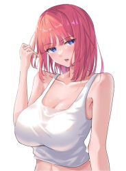 Rule 34 | 1girl, bare shoulders, blue eyes, blunt bangs, blush, breasts, cleavage, collarbone, commentary request, crop top, go-toubun no hanayome, large breasts, looking at viewer, midriff, nakano nino, pink hair, shirt, short hair, simple background, sleeveless, sleeveless shirt, solo, standing, stomach, tank top, upper body, uyufuzi s, white background, white tank top