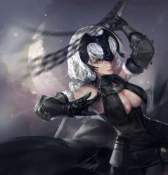Rule 34 | 1girl, armored corset, bad id, bad pixiv id, belt, breasts, chain, collar, couter, dutch angle, fate/grand order, fate (series), from above, fur trim, gauntlets, jeanne d&#039;arc (fate), jeanne d&#039;arc alter (avenger) (fate), jeanne d&#039;arc alter (fate), large breasts, lips, looking at viewer, rabbit (tukenitian), ruler (fate/grand order), silver hair, solo, weapon, yellow eyes