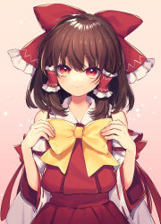 Rule 34 | 1girl, bow, bowtie, brown hair, commentary request, detached sleeves, hair bow, hair tubes, hakurei reimu, hands up, highres, long sleeves, looking at viewer, medium hair, pink background, red bow, red eyes, red shirt, shirt, smile, solo, tomobe kinuko, touhou, upper body, yellow bow, yellow bowtie