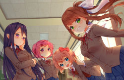 Rule 34 | 4girls, :d, arm up, artist name, backlighting, blazer, blue eyes, blue skirt, blush, bow, breasts, brown hair, ceiling, chair, classroom, closed mouth, collared shirt, cowboy shot, day, doki doki literature club, eyebrows, from below, green eyes, grey jacket, grin, hair bow, hair ornament, hand on own hip, hand on own arm, hand on own cheek, hand on own face, hands on own hips, happy, holding, holding pen, indoors, jacket, klaeia, leaning forward, long hair, long sleeves, looking at viewer, medium breasts, monika (doki doki literature club), multiple girls, natsuki (doki doki literature club), neck ribbon, nose blush, open mouth, pen, pink eyes, pink hair, pleated skirt, ponytail, purple eyes, purple hair, red bow, red ribbon, ribbon, sayori (doki doki literature club), school, school chair, school uniform, shirt, short hair, sidelocks, signature, skirt, small breasts, smile, standing, teeth, two side up, v arms, very long hair, white bow, white shirt, window, wing collar, yuri (doki doki literature club)