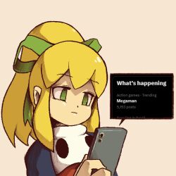 Rule 34 | 1girl, blonde hair, cellphone, closed mouth, commentary, empty eyes, english commentary, english text, green eyes, green ribbon, hair ribbon, holding, holding phone, long hair, long sleeves, looking down, mega man (classic), mega man (series), phone, ponytail, ribbon, roll (mega man), smartphone, solo, souldroids, twitter, upper body