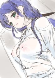Rule 34 | 10s, 1girl, blue eyes, blush, breasts, collared shirt, covered erect nipples, frapowa, green eyes, large breasts, light frown, long hair, looking at viewer, love live!, love live! school idol project, nipples, purple hair, see-through, shirt, sketch, solo, tojo nozomi, upper body, white shirt