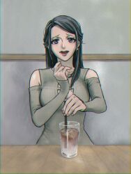 Rule 34 | 1girl, :o, babylon (minako sakamoto), black hair, breasts, cleavage cutout, clothing cutout, cup, dress, drink, drinking straw, earrings, grey dress, grey eyes, indoors, jewelry, long hair, long sleeves, looking at viewer, magase ai, medium breasts, open mouth, palejack, sitting, solo, table