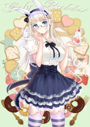 Rule 34 | 1girl, animal ears, bad id, bad nicoseiga id, blonde hair, blue eyes, blue skirt, breasts, cup, doughnut, drill hair, english text, female focus, food, fork, frilled skirt, frills, fruit, garter belt, garter straps, glasses, hairband, highres, large breasts, lolita hairband, long hair, meme attire, original, ponytail korosuke, puffy short sleeves, puffy sleeves, rabbit, rabbit ears, saucer, semi-rimless eyewear, short sleeves, simple background, skirt, skirt set, solo, spoon, sprinkles, star (symbol), strawberry, striped clothes, striped thighhighs, teacup, thighhighs, virgin killer outfit, zettai ryouiki