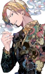 Rule 34 | 1boy, absurdres, black suit, blonde hair, cigarette, curly eyebrows, facial hair, formal, hair over one eye, highres, looking at viewer, male focus, one piece, profile, sanji (one piece), shirt, short hair, smile, smoke, smoking, solo, straw hat pirates, suit, upper body, white background, yadu nadu