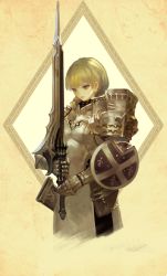 Rule 34 | 1girl, armor, blonde hair, blush, braid, closed mouth, copyright request, cropped legs, expressionless, holding, holding sword, holding weapon, n.a., sheath, solo, sword, weapon, yellow eyes