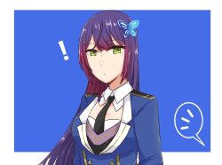 Rule 34 | !, 1girl, arms at sides, assault lily, black necktie, blue background, blue jacket, border, braid, breasts, butterfly hair ornament, closed mouth, collared shirt, commentary, epaulettes, funada kiito, green eyes, hair ornament, jacket, large breasts, long hair, long sleeves, looking at viewer, mole, mole under eye, necktie, nigari (ngari 0115), outside border, purple hair, shirt, side braid, simple background, single braid, solo, speech bubble, spoken notice lines, upper body, white border, white shirt