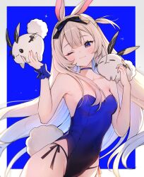 Rule 34 | 1girl, :3, animal ears, artist logo, black bow, black panties, blonde hair, blue background, blue choker, blue eyes, blue leotard, blue nails, bow, breasts, choker, creature, double-parted bangs, fingernails, hair bow, highres, indie virtual youtuber, leotard, light blush, long hair, one eye closed, one side up, panties, rabbit ears, rabbit girl, rabbit tail, side-tie panties, small breasts, smile, solo, sparkle, string panties, tail, underwear, very long hair, virtual youtuber, yenko (vtuber), yenkoes