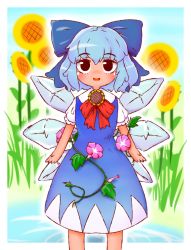 Rule 34 | 1girl, black eyes, blue dress, blue hair, bow, bowtie, cirno, commentary request, dress, flower, hair bow, highres, ice, ice wings, open mouth, perfectfreeze, short hair, solo, standing, sunflower, tan, touhou, wings