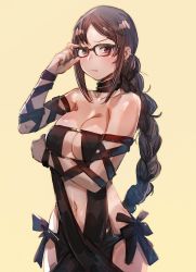 Rule 34 | 1girl, adjusting eyewear, arm under breasts, black dress, blush, bow (bhp), braid, breasts, brown hair, center opening, choker, cleavage, closed mouth, collarbone, commentary request, dress, earrings, unworn eyewear, fate/grand order, fate (series), glasses, hand on eyewear, holding, holding removed eyewear, jewelry, long hair, looking at viewer, medium breasts, navel, red eyes, revealing clothes, sidelocks, single braid, solo, yu mei-ren (fate), yu mei-ren (first ascension) (fate)