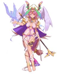 Rule 34 | 1girl, anklet, ark order, bandaged leg, bandages, barefoot, bird, bra, bracelet, breasts, breasts apart, cape, center opening, closed mouth, dress, fire, full body, hairband, head wings, holding, holding polearm, holding weapon, jewelry, large breasts, long hair, looking at viewer, low-tied long hair, necklace, official art, pelvic curtain, pink hair, polearm, purple bra, qa&#039;a (ark order), red cucumber, sidelocks, sleeveless, sleeveless dress, smile, solo, tachi-e, thighlet, transparent background, underwear, variant set, very long hair, weapon, white cape, white dress, white wings, wings