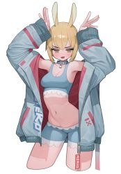 Rule 34 | 1girl, absurdres, animal ears, bare shoulders, blonde hair, blush, breasts, cleavage, collar, highres, jacket, midriff, navel, open mouth, original, rabbit (wlsdnjs950), rabbit ears, short hair, shorts, simple background, sleeveless, solo, tank top, white background, yellow eyes