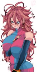 Rule 34 | 1girl, android 21, arm between breasts, bare shoulders, blue eyes, blush, bracelet, breasts, breath, brown hair, checkered clothes, detached sleeves, dragon ball, dragon ball fighterz, earrings, female focus, gold bracelet, hair between eyes, heart, highres, hoop earrings, huge breasts, jewelry, kinakomochi (user vedc2333), long hair, looking at viewer, open mouth, simple background, sleeveless, solo, sweatdrop, very long hair, white background