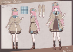Rule 34 | 1girl, absurdres, animal ears, animal hat, ankle boots, belt, blue eyes, boots, brown capelet, brown dress, brown hat, capelet, cat ears, cat hat, cat tail, character request, character sheet, contest winner, cross-laced footwear, deerstalker, detective, dress, fake animal ears, fake tail, hat, highres, lace-up boots, layered dress, legwear garter, long hair, long sleeves, looking at viewer, magnifying glass, multiple views, nail polish, paw print, plaid, plaid headwear, project sekai, sidelocks, socks, tail, twitter username, vs0mr, wavy hair