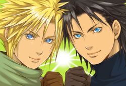 Rule 34 | 2boys, black hair, blonde hair, blue eyes, blue shirt, brown gloves, clenched hand, close-up, cloud strife, final fantasy, final fantasy vii, gloves, green background, green scarf, hair between eyes, looking at viewer, male focus, multiple boys, parted bangs, popochan-f, scarf, shinra infantry uniform, shirt, short hair, smile, spiked hair, square enix, star-shaped pupils, star (symbol), symbol-shaped pupils, turtleneck, upper body, zack fair