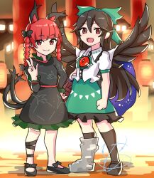 Rule 34 | 2girls, :d, animal ears, asymmetrical footwear, black dress, black footwear, black hair, black socks, black wings, bow, braid, cape, cat ears, cat girl, cat tail, closed mouth, commentary, dress, extra ears, full body, green bow, green skirt, hair bow, highres, kaenbyou rin, kappy745, long hair, mismatched footwear, multiple girls, multiple tails, nekomata, open mouth, red eyes, red hair, reiuji utsuho, short sleeves, side braids, skirt, smile, socks, standing, tail, third eye, touhou, twin braids, two tails, w, white cape, wings