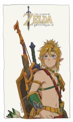 Rule 34 | 1boy, arrow (projectile), baomianzi, blonde hair, blue eyes, blush, bow (weapon), copyright name, desert voe set (zelda), from side, highres, link, male focus, medium hair, navel, nintendo, official alternate costume, pointy ears, shield, single bare shoulder, solo, the legend of zelda, the legend of zelda: breath of the wild, weapon, weapon on back, white background