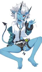 Rule 34 | 1girl, ;p, absurdres, barefoot, bitseon, black choker, black horns, black necktie, black panties, black shorts, blue skin, breasts, choker, cleavage, collarbone, colored skin, demon girl, demon tail, earrings, handjob gesture, highres, horns, jewelry, legs, looking at viewer, motion lines, necktie, one eye closed, panties, pointy ears, red eyes, shirt, short hair, shorts, sidelocks, small breasts, soles, solo, soukaku (zenless zone zero), tail, thigh strap, toes, tongue, tongue out, underwear, white hair, white shirt, zenless zone zero